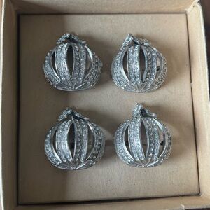 Tahari Home Pumpkin Rhinestone Napkin Rings Set of 4 Silver NIB Fall Decor